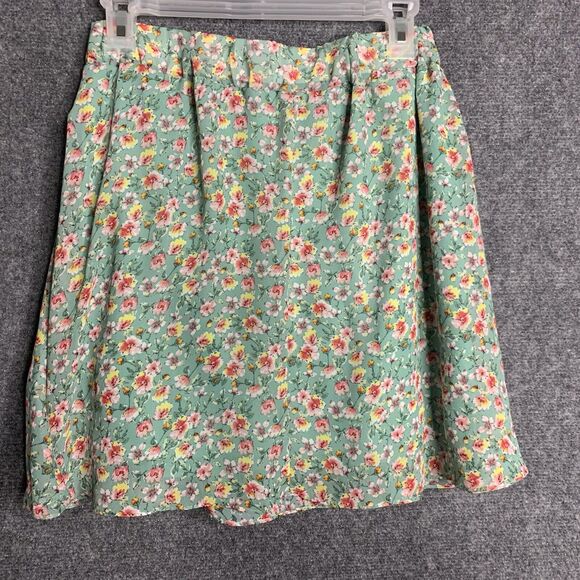 Poof Floral Mini Skater’s Skirt Women M Green Pink Lined Chiffon Pull On - Picture 6 of 9